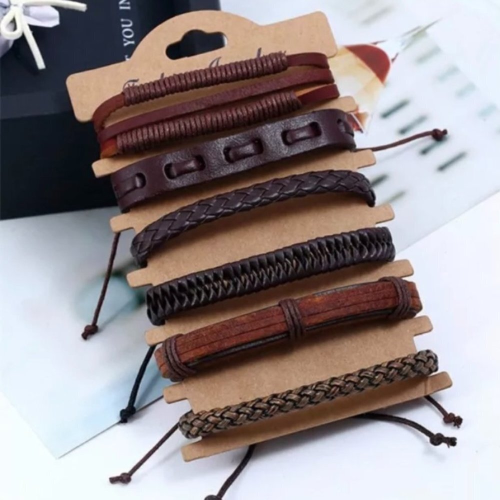 Men's Brown Genuine Leather Rope Bracelet Set